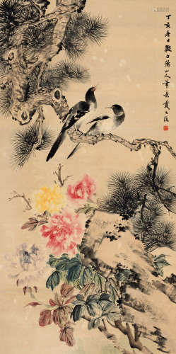 戴元俊(1912-1982)双栖 1947年作 设色纸本 立轴