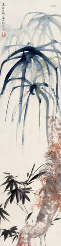 胡若思(1916-2004)棕榈墨竹 设色纸本 立轴