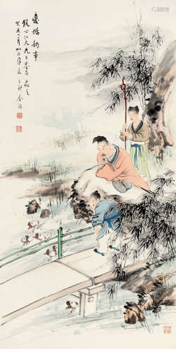 金寿石(1885-1928)爱鹅韵事 1923年作 设色纸本 立轴
