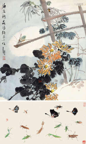 张继馨(b.1926)草虫花鸟(二帧） 设色纸本 镜片