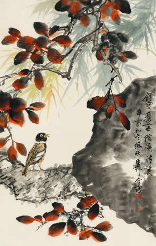 谢稚柳(1910-1997)红叶珍禽 1981年作 设色纸本 立轴