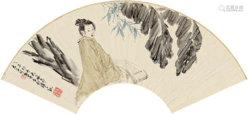 徐惠泉(b.1961)芭蕉仕女 2015年作 设色纸本 无骨成扇