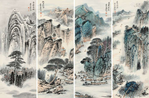 谢伯子(1923-2014)四季山水 2000年作 设色纸本 屏轴