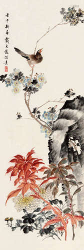 戴元俊(1912-1982)鸣禽图 1942年作 设色纸本 立轴