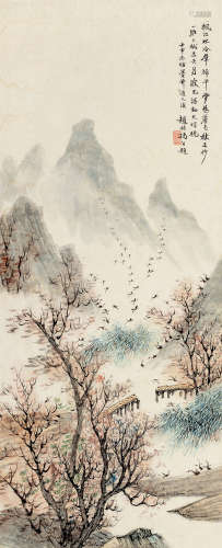 赵叔孺(1874-1945)枫江群雁图 1932年作 设色纸本 立轴