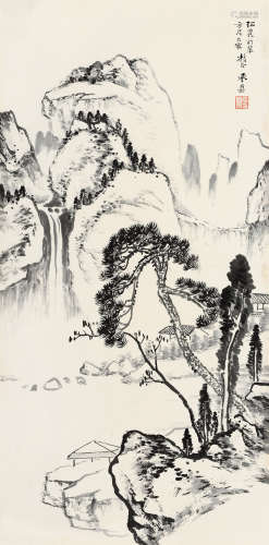 承名世(1918-2001)苍松飞瀑 水墨纸本 立轴