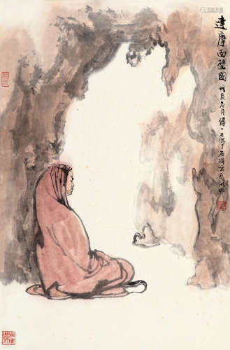 傅二石(1936-2017)达摩面壁图 1988年作 设色纸本 立轴