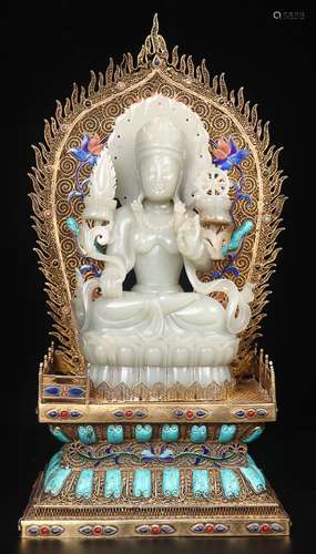 HETIAN JADE "GUAN YIN "BUDDHA (SILVER GILT BASE)