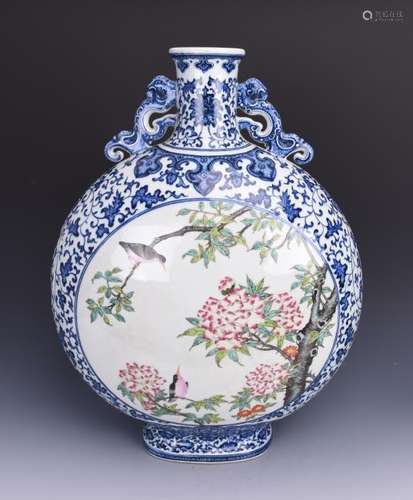 A CHINESE BLUE AND WHITE AND FAMILLE ROSE MOON FLASK,