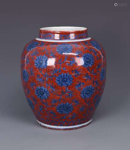 A CHINESE BLUE DECORATED RED GROUND JAR, WANLI MARK