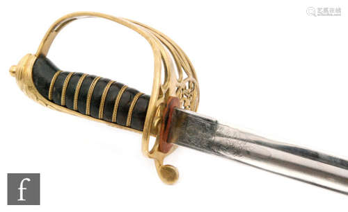 A late 19th Century British officers Indian army dress sword and scabbard, pierced brass hilt and leather wire grip, 84cm blade.