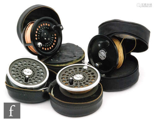 A Scientific Anglers System Two 1011 alloy fly reel, 3 3/4'', with spare spool and a Masterline Advantage A189 fly reel, 3 3/4'' with spare spool. (4)