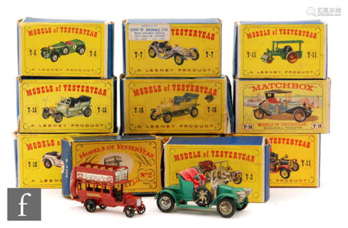 A collection of eleven Matchbox Models of Yesteryear, comprising Y2 London Bus, Y2 Renault, Y3 Limousine, Y5 Bentley, Y7 Mercer, Y10 Mercedes, Y11 Steam Roller, Y11 Packard, Y14 Maxwell Roadster, Y15 Rolls-Royce and Y16 Spyker, all in yellow and blue picture boxes. (11)