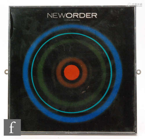 A collection of four framed New Order album covers, all designed by Peter Saville for Factory Records, to include Technique, Blue Monday 1988, Fine Time 1988 and Blue Monday (grey and colourwheel), all framed and glazed, 32cm x 32cm. (4)