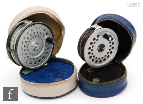 A Hardy The St. Aidan alloy fly reel, 3 3/4'' in Hardy vinyl case, also a Hardy Viscount 190 Mark II alloy fly reel, 3 1/4'' in Hardy vinyl case. (2)