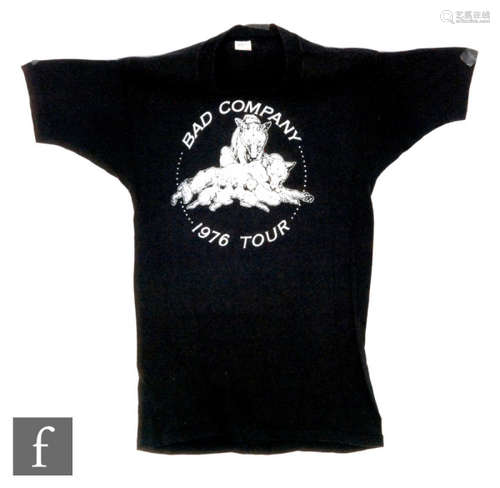 A Led Zeppelin original 'Bad Company' 1976 tour t-shirt, the black t-shirt with white printed text, size medium (38-40).