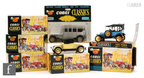 A collection of Corgi Classics diecast model cars, all 1960s issues, comprising #9013 1915 Ford, #9032 1910 Renault, #9021 1910 Daimler, #900 1927 Bentley, #901 1915 Ford and #9041 1912 Rolls-Royce Silver Ghost, all boxed and most with leaflets. (6)