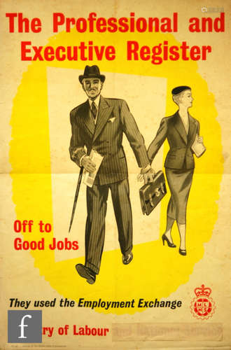 A post war pictorial advertising poster titled The professional and executive register offer good jobs, 76cm x 51cm, unframed