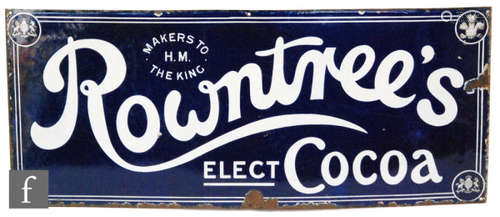 A 1920s enamelled advertising sign for Rowntrees Elect Cocoa, white lettering on blue, 38cm x 91cm