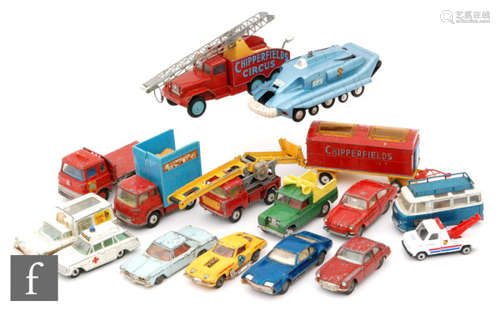 A collection of playworn diecast models to include a Dinky Gerry Anderson's Captain Scarlet Spectrum Pursuit Vehicle, Corgi Chipperfields Circus, etc., S/D. (qty.)