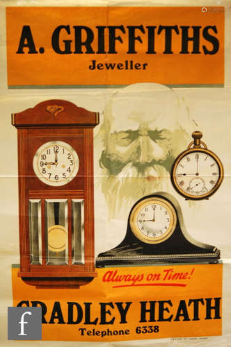 Local advertising interest, an advertising poster for A. Griffiths, Jeweller, Cradley Heath, printed by Petty's of Leeds, no. 4146, 152cm x 101cm, S/D.