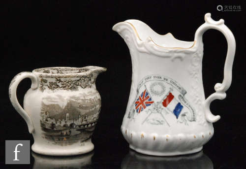 Two earthenware commemorative Crimean War jugs, to include a 19th Century sepia transfer printed example, depicting the ports of Kars and Sebastopol, 9.5cm high, together with another example depicting British and French flags and pennants with text 'May they be united forever', 14cm high. (2)