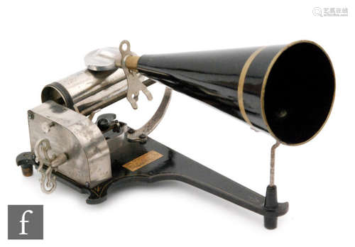 A Columbia phonograph 'The Graphophone' with key wind operation on decorated and stencilled black base, reproducer and later part black horn.