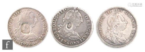 George III - 1780 x 2 counter stamped pillar dollars, Mexico City mint mark and a 1804 Bank of England issue silver dollar (3)