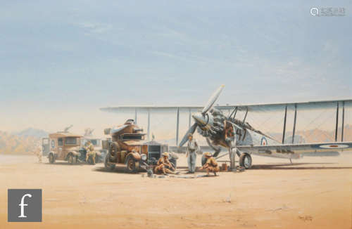 Chris Golds (contemporary) - 'Convoy Conference' - Fairey Gordon aircraft and Rolls Royce armoured car, Aden, 1933, oil on canvas, signed, inscribed on artist's label verso, framed, 51cm x 76cm.