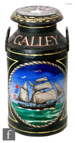 A 19th Century two handled milk churn later painted with a ship named Elizabeth, height 71cm