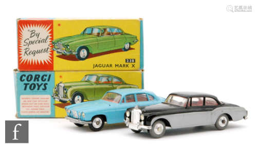 Two Corgi Toys diecast model cars, #238 Jaguar Mark X in light blue with red interior, spun hubs and one piece of luggage, together with a #224 Bentley Continental Sports Saloon in two tone grey and silver with red interior and spun hubs, both contained in blue and yellow picture boxes. (2)