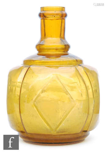 A Haywards amber glass hand fire grenade of lozenge panel and ribbed form, height 15cm