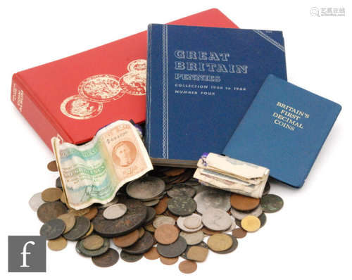 George I to Elizabeth II - Various 1797 cartwheel pennies and two pences, dump pennies, copper workhouse tokens, Roman sestertius also silver nickel, assorted copper coins, a Lusitania medal and a small album of coins (qty)