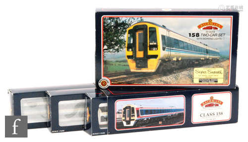 Two OO gauge Bachmann Class 158 DMU sets, 31-500A Regional Railways 2 car set and 31-511 3 car set 'Express.' (2)