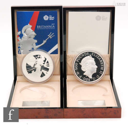 Elizabeth II - A 2017 silver proof 21 ounce Britannia coin and another silver proof kilo coin the commemorate the Sapphire Jubilee of her Majesty the Queen, with certificates, cased (2)