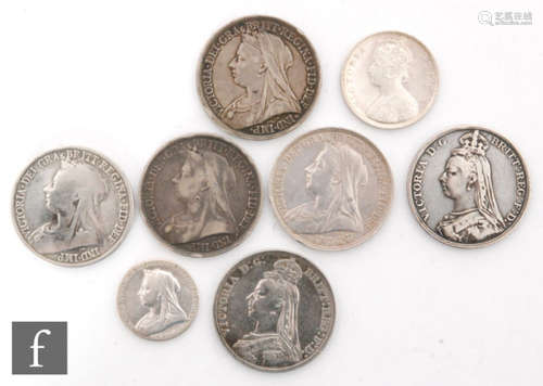 Victoria - Six crowns 1889 x 2, 1893 x 2, 1894, 1897 , also an 1862 Indian Rupee and a 1837 commemorative medal (8)