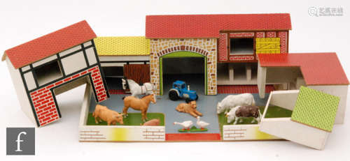 A boxed Joytoys and Woodcrafts (Malvern) #06 Farm set, with wooden base and five wooden farm buildings, together with a collection of plastic farm and zoo animals, mainly by Britains.