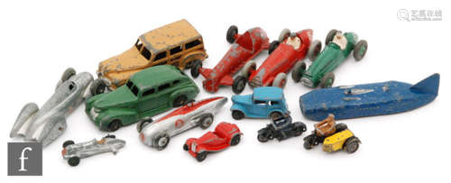 A Dinky Toys 37b/042 Police Motor Cyclist, together with a 44b/270 AA Motorcycle Patrol, and a selection of cars including a 23a Racing Car in red and silver with RN 4, a 39e Chrysler Royal Sedan in green, etc. with a Timpo racing car. (13)