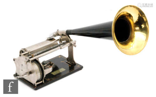 A Columbia Graphophone phonograph with key wind operation, fixed horn and original reproducer, named to black base, length 34cm