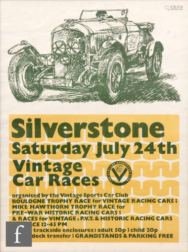 Two Silverstone vintage car racing posters for July 22nd, 63cm x 45cm and another for July 24th, 55cm x 41cm (2)