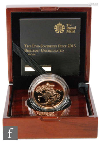 Elizabeth II -  A 2015 proof five sovereign piece with certificate, No 304, cased.