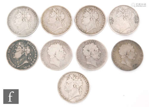 George III to George IIII - Nine crowns 1819, 1820, 1821 x 5, 1822 and 1829 (9)