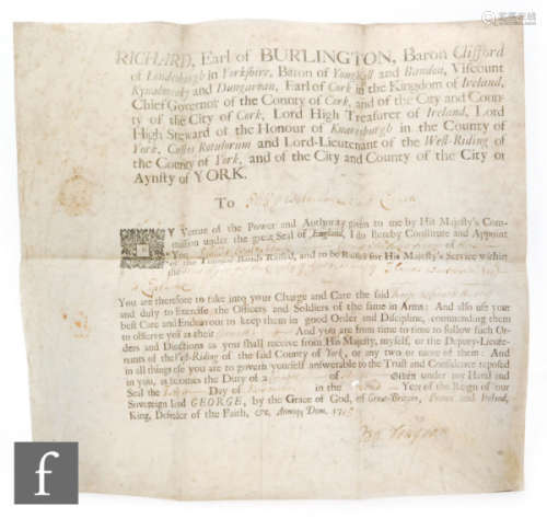 A George I printed commission document for the militia and train bands of troops issued by Richard, Earl of Burlington, London and York appointing Phillip Waterhouse in charge of West Riding, dated 12th of November 1715.