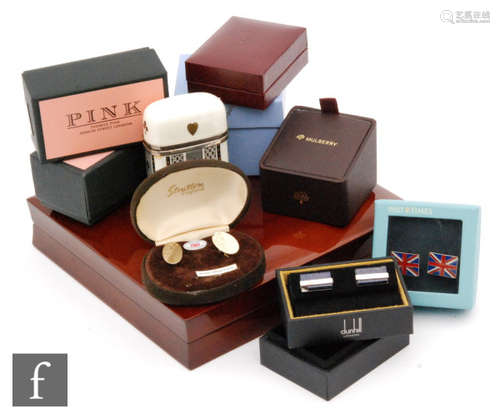 A pair of Dunhill novelty cufflinks, various others and pendants, etc., all boxed. (qty)