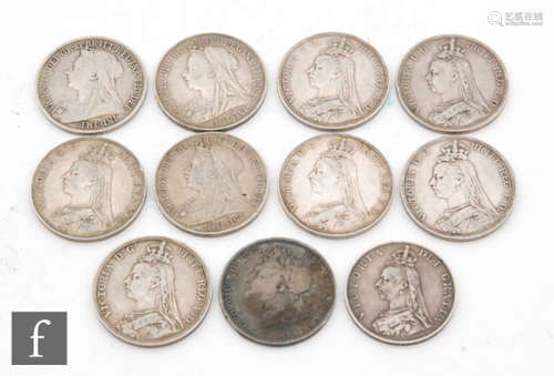 George IV to Elizabeth II - Eight crowns dated 1821, 1889, 1890, 1891 x 2, 1894, 1897, 1899 and a 1887 double florin (9)