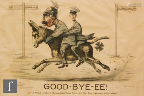 A World War One propaganda print of the Kaiser and Crown Prince on horseback on the way to Holland titled Good-Bye-EE, by Cross & Co London, 48cm x 68cm, framed.