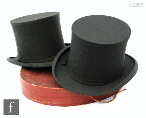 Two folding opera black top hats by Dunn & Co London in original box (2)