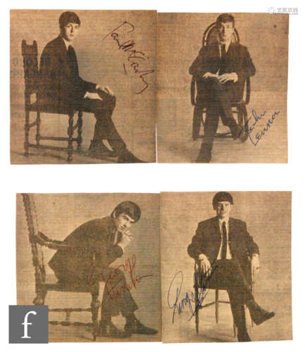 Four Beatles signatures, each of the four black and white newspaper cuttings depicting John, Paul, Ringo and George seated on a chair, signed in black, red and blue ink. (4) Provenance: All signatures acquired at the Birmingham Hippodrome in person Sunday 10th March 1963