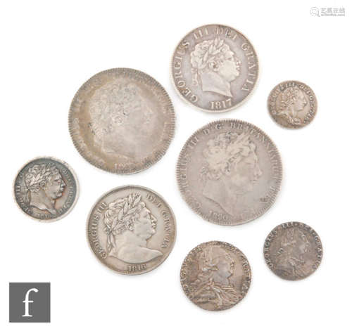 George III - 1820 x 2 crowns, 1816 half crown, an 1817 halfcrown assorted shillings, sixpences and copper coinage (qty)