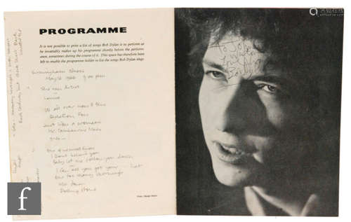 A Tito Burns presents signed Bob Dylan '66 (Highway Revisited) tour programme, the black and white programm , signed on the fifth page 'To John Weston, Bob Dylan'. Provenance: Acquired from the Albany Hotel, Birmingham, prior to the concert.